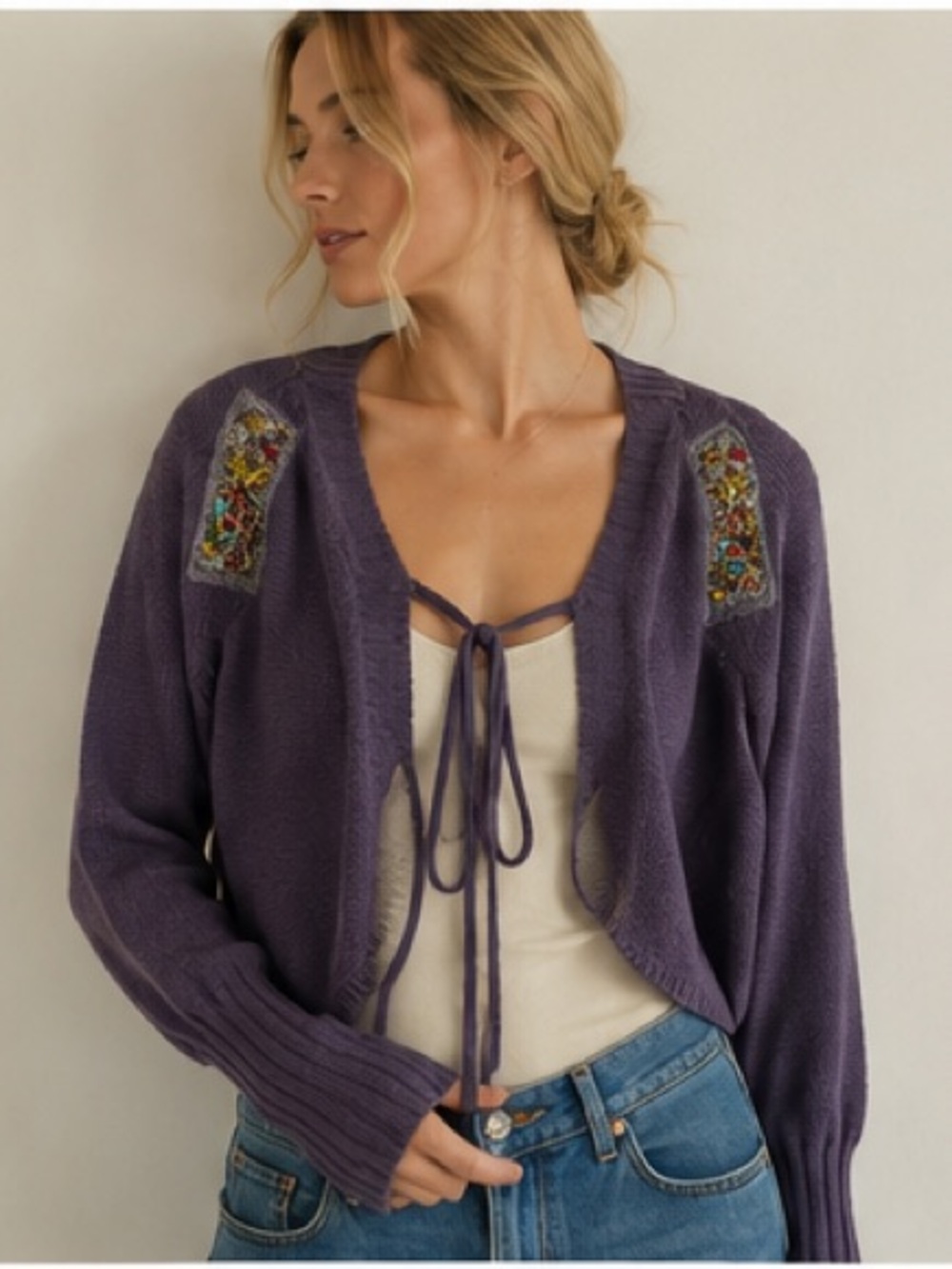 Vintage Paola Frani Quiet Luxury Merino Wool Blend Beaded Wrap Eggplant Size 6